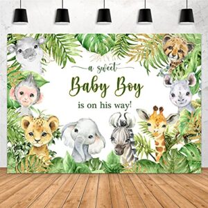 aperturee 7x5ft jungle safari animals baby shower backdrop baby boy is on his way it’s a boy photography background green leaves photo booth studio cake table banner party decorations props supplies