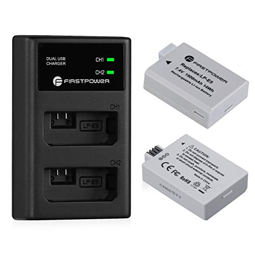 FirstPower LP-E5 Batteries (2 Pack, 1900mAh) and Dual USB Charger Compatible with Canon EOS Rebel XS, Rebel T1i, Rebel XSi, 1000D, 500D, 450D, Kiss X3, Kiss X2, Kiss F