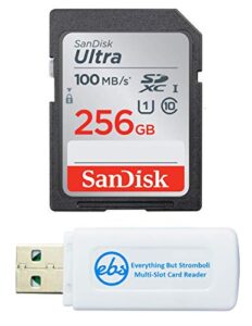 sandisk 256gb sdxc sd ultra memory card works with canon eos rebel t7, rebel t6, 77d digital camera class 10 (sdsdunr-256g-gn6in) bundle with (1) everything but stromboli combo card reader