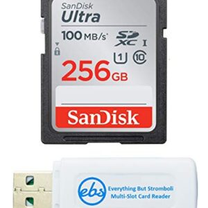 SanDisk 256GB SDXC SD Ultra Memory Card Works with Canon EOS Rebel T7, Rebel T6, 77D Digital Camera Class 10 (SDSDUNR-256G-GN6IN) Bundle with (1) Everything But Stromboli Combo Card Reader