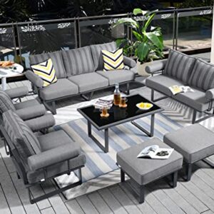 ovios Aluminum Patio Furniture Set 7 PCS All-Weather Outdoor Conversation Set Modern Metal High Back Aluminum Patio Sofa with Table and Thick Cushions (Black-Grey Stripe)