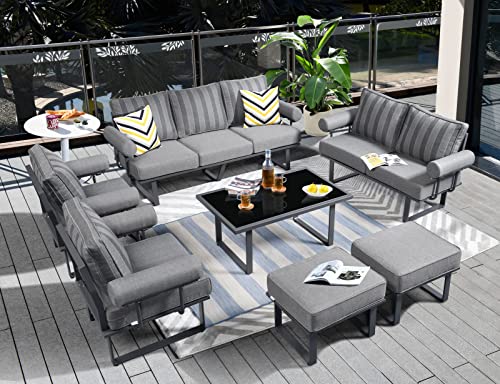 ovios Aluminum Patio Furniture Set 7 PCS All-Weather Outdoor Conversation Set Modern Metal High Back Aluminum Patio Sofa with Table and Thick Cushions (Black-Grey Stripe)