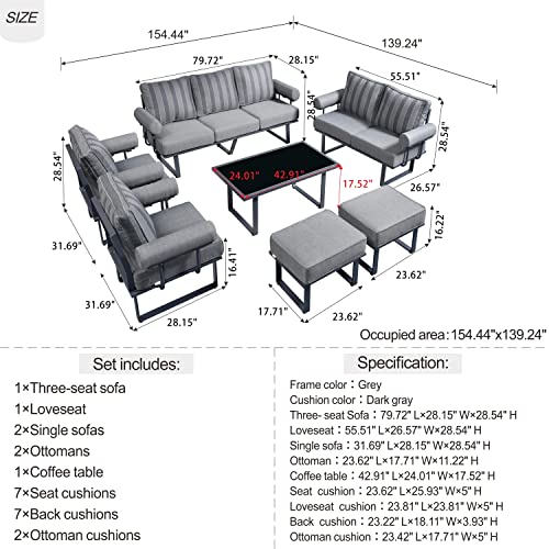 ovios Aluminum Patio Furniture Set 7 PCS All-Weather Outdoor Conversation Set Modern Metal High Back Aluminum Patio Sofa with Table and Thick Cushions (Black-Grey Stripe)