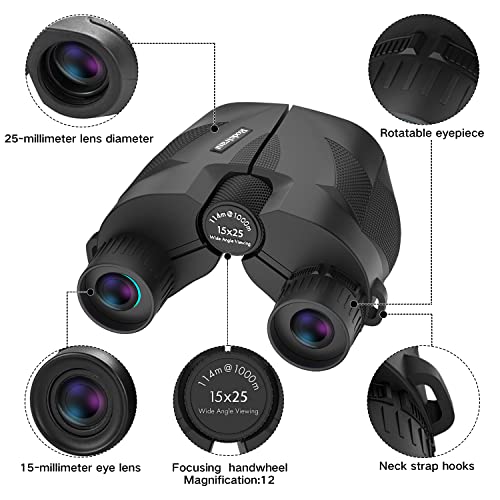 Compact Binoculars 15x25 for Adults and Kids, Waterproof Binocular with Low Light Vision, Easy Focus Binoculars for Bird Watching