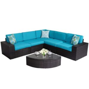 heynemo outdoor patio furniture sets, 6 pieces outdoor sectional rattan sofa, black pe wicker patio conversation sets with washable cushion and tempered glass table, straight arm, alloy steel frame