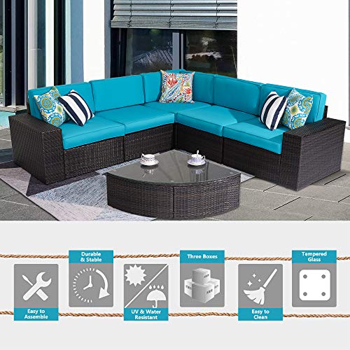 HEYNEMO Outdoor Patio Furniture Sets, 6 Pieces Outdoor Sectional Rattan Sofa, Black PE Wicker Patio Conversation Sets with Washable Cushion and Tempered Glass Table, Straight Arm, Alloy Steel Frame