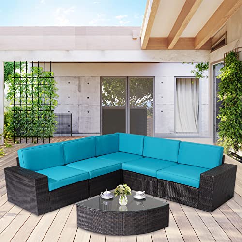 HEYNEMO Outdoor Patio Furniture Sets, 6 Pieces Outdoor Sectional Rattan Sofa, Black PE Wicker Patio Conversation Sets with Washable Cushion and Tempered Glass Table, Straight Arm, Alloy Steel Frame