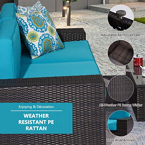 HEYNEMO Outdoor Patio Furniture Sets, 6 Pieces Outdoor Sectional Rattan Sofa, Black PE Wicker Patio Conversation Sets with Washable Cushion and Tempered Glass Table, Straight Arm, Alloy Steel Frame