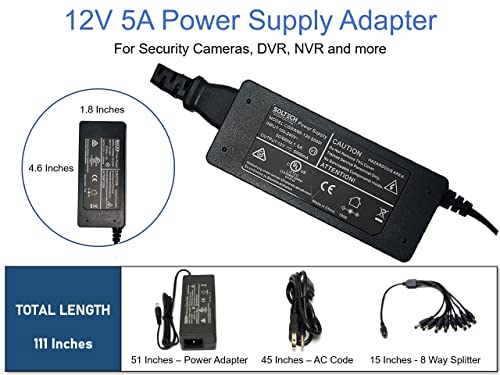 SOLTECH 12V 5A CCTV Adapter, Wisenet Compatible Security Camera Power Supply with 8-Way Splitter, AC DC Converter 100-240V to 12V 5A 60W Transformer, with Samsung Wisenet, Night Owl, Q-See, Black