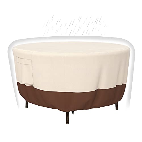 Patio Furniture Covers, Heavy Duty Round Patio Table Cover (84D x 28H Inch) Outdoor Dining & Coffee Table Cover for Veranda, Lawn, Table, Chair-Waterproof & Weather Resistant, Anti UV - Beige & Brown