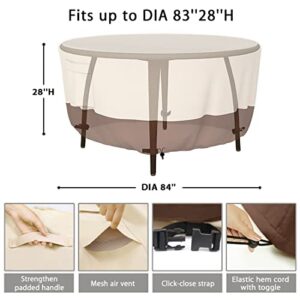 Patio Furniture Covers, Heavy Duty Round Patio Table Cover (84D x 28H Inch) Outdoor Dining & Coffee Table Cover for Veranda, Lawn, Table, Chair-Waterproof & Weather Resistant, Anti UV - Beige & Brown