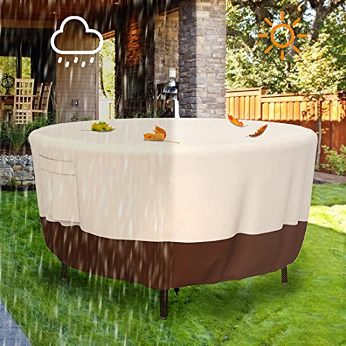 Patio Furniture Covers, Heavy Duty Round Patio Table Cover (84D x 28H Inch) Outdoor Dining & Coffee Table Cover for Veranda, Lawn, Table, Chair-Waterproof & Weather Resistant, Anti UV - Beige & Brown