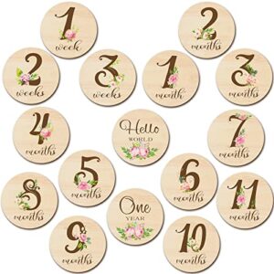 16 pieces wooden baby monthly milestone cards floral baby monthly milestone marker discs double sided monthly milestone wooden circles baby months signs for baby shower newborn photo props