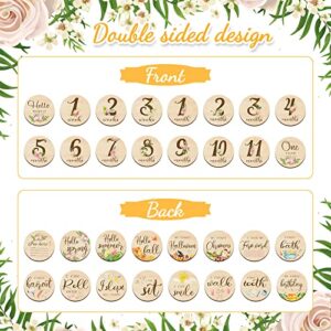 16 Pieces Wooden Baby Monthly Milestone Cards Floral Baby Monthly Milestone Marker Discs Double Sided Monthly Milestone Wooden Circles Baby Months Signs for Baby Shower Newborn Photo Props