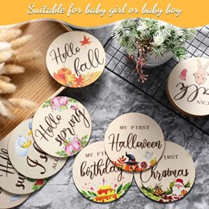 16 Pieces Wooden Baby Monthly Milestone Cards Floral Baby Monthly Milestone Marker Discs Double Sided Monthly Milestone Wooden Circles Baby Months Signs for Baby Shower Newborn Photo Props