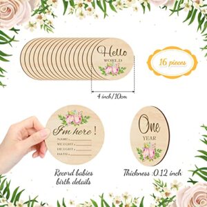 16 Pieces Wooden Baby Monthly Milestone Cards Floral Baby Monthly Milestone Marker Discs Double Sided Monthly Milestone Wooden Circles Baby Months Signs for Baby Shower Newborn Photo Props