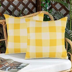 Famibay Decorative Outdoor Pillow Covers for Patio Furniture Set of 2 Buffalo Check Patio Throw Pillow Covers 18x18 Waterproof Outside Cushion Cases Cotton Pillow Covers for Porch Garden Bench(Yellow)
