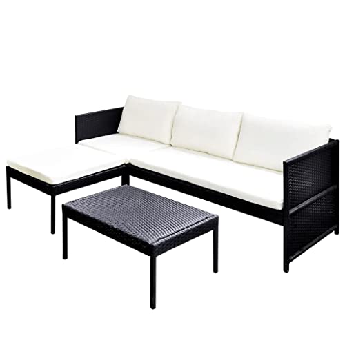 vidaXL Patio Lounge Set Poly Rattan Wicker Black 3-Seat Garden Backyard Sofa