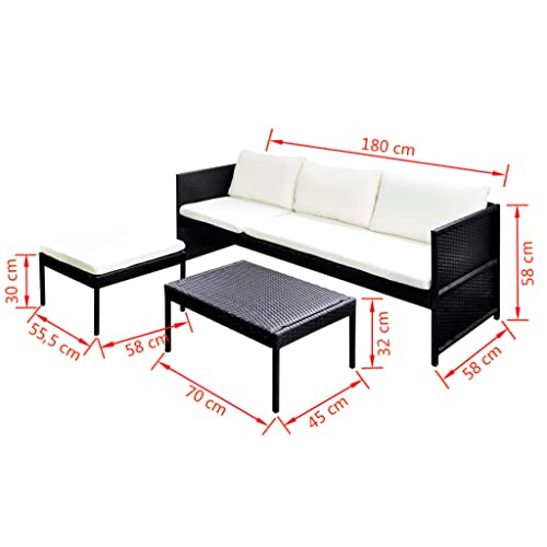 vidaXL Patio Lounge Set Poly Rattan Wicker Black 3-Seat Garden Backyard Sofa