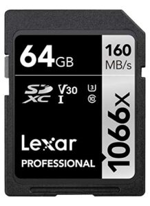 lexar professional 1066x 64gb sdxc uhs-i memory card silver series, c10, u3, v30, full-hd & 4k video, up to 160mb/s read, for dslr and mirrorless cameras (lsd1066064g-bnnnu)