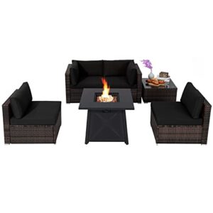 tangkula 6-piece patio furniture set with 30” propane fire pit table, outdoor pe wicker conversation set with cushions and tempered glass coffee table, gas fire pit table with 50,000 btu (black)