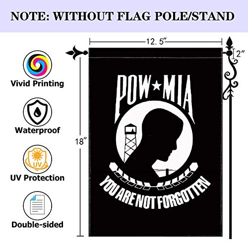 Jayus Embroidered Double Sided Pow Mia Flag Garden Yard Flag 12.5x18- Heavy Duty Nylon Black You Are Not Forgotten Prisoner of War Garden Flag- Memorial Veterans,Armed Forces,Military Garden Flag