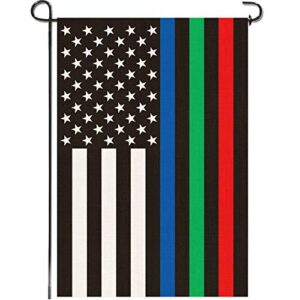 mogarden thin blue green red line garden flag, double sided 12.5 x 18 inch, support police military and firefighters, premium burlap small american first responders usa yard flag