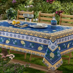 home bargains plus provence blue lemon mediterranean garden country french fabric tablecloth, indoor outdoor, stain and water resistant, wrinkle free tablecloth, 60” x 144” oblong/rectangle