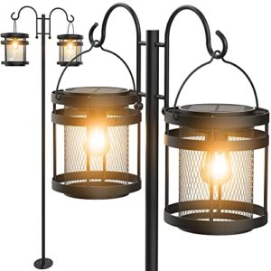 solar outdoor floor lamp with 2 hanging lanterns jackyled solar landscape floor lamp with shepherd hook pole 61” tall, ip65 waterproof metal solar outdoor lights for garden patio porch deck yard path