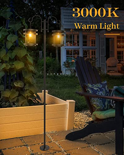 Solar Outdoor Floor Lamp with 2 Hanging Lanterns JACKYLED Solar Landscape Floor Lamp with Shepherd Hook Pole 61'' Tall, IP65 Waterproof Metal Solar Outdoor Lights for Garden Patio Porch Deck Yard Path