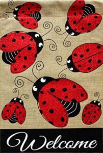 ladybug gathering burlap spring garden flag welcome 12.5″ x 18″ briarwood lane