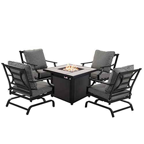 Grand patio 5 PCS Outdoor Furniture Conversation with 32 in Fire Table Set Grey Cushions Rocking Chairs Propane Gas Fire Pit