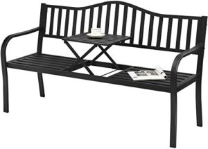 happygrill outdoor garden bench metal patio loveseat benches with pullout table for yard lawn porch