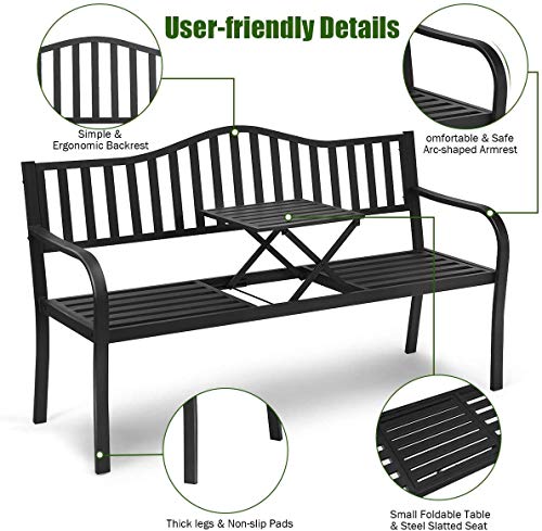 HAPPYGRILL Outdoor Garden Bench Metal Patio Loveseat Benches with Pullout Table for Yard Lawn Porch