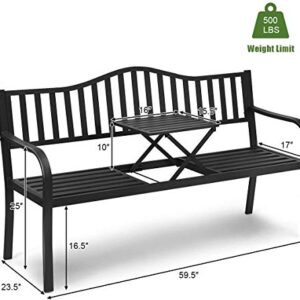 HAPPYGRILL Outdoor Garden Bench Metal Patio Loveseat Benches with Pullout Table for Yard Lawn Porch