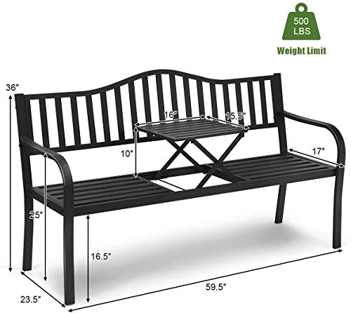 HAPPYGRILL Outdoor Garden Bench Metal Patio Loveseat Benches with Pullout Table for Yard Lawn Porch