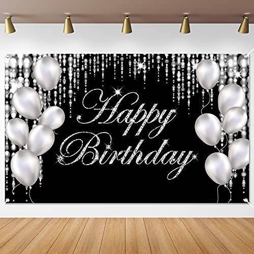 Silver Happy Birthday Banner Backdrop Large Happy Birthday Yard Sign backgroud It's My Birthday Backdrop Baby Shower Party Indoor Outdoor Car Decorations Supplies for Men Women Boys Girls