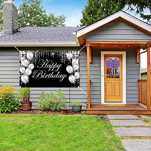 Silver Happy Birthday Banner Backdrop Large Happy Birthday Yard Sign backgroud It's My Birthday Backdrop Baby Shower Party Indoor Outdoor Car Decorations Supplies for Men Women Boys Girls