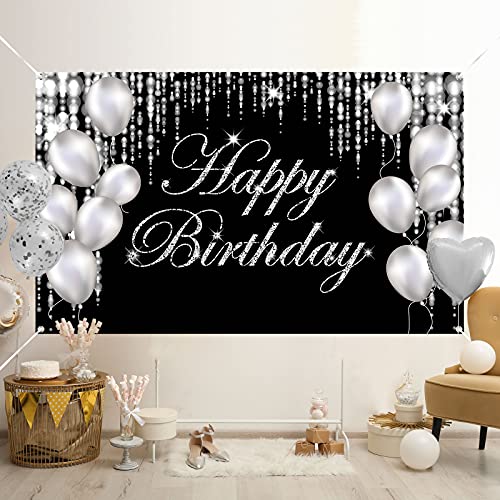 Silver Happy Birthday Banner Backdrop Large Happy Birthday Yard Sign backgroud It's My Birthday Backdrop Baby Shower Party Indoor Outdoor Car Decorations Supplies for Men Women Boys Girls