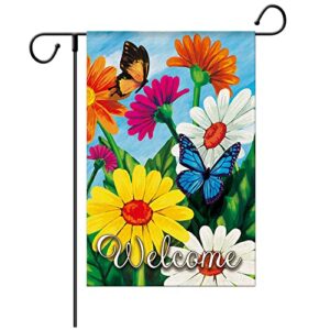 wodison welcome floral spring summer garden flag, butterfly flowers daisy burlap flag 12″ x 18″ double sided, seasonal outdoor decoration for yard home (only flag)