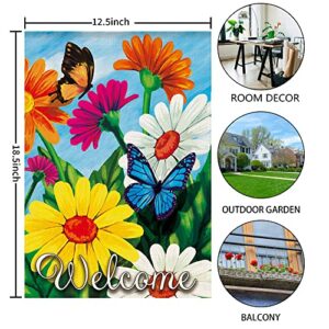 WODISON Welcome Floral Spring Summer Garden Flag, Butterfly Flowers Daisy Burlap Flag 12" x 18" Double Sided, Seasonal Outdoor Decoration For Yard Home (ONLY FLAG)