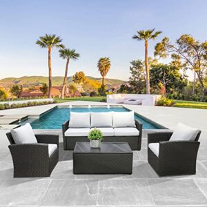 green4ever wicker patio furniture set,4 pieces outdoor conversation set with tempered glass coffee table and thick cushion, rattan couch sofa armchair seat for garden backyard, grey