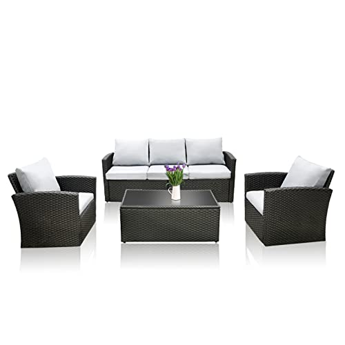 Green4ever Wicker Patio Furniture Set,4 Pieces Outdoor Conversation Set with Tempered Glass Coffee Table and Thick Cushion, Rattan Couch Sofa Armchair Seat for Garden Backyard, Grey