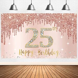 happy 25th birthday banner backdrop decorations for women, rose gold 25 birthday party sign supplies, pink 25 year old birthday poster background photo booth props decor