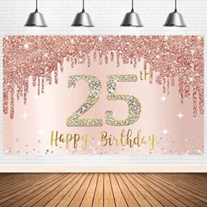 Happy 25th Birthday Banner Backdrop Decorations for Women, Rose Gold 25 Birthday Party Sign Supplies, Pink 25 Year Old Birthday Poster Background Photo Booth Props Decor