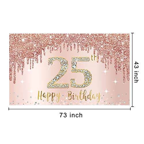 Happy 25th Birthday Banner Backdrop Decorations for Women, Rose Gold 25 Birthday Party Sign Supplies, Pink 25 Year Old Birthday Poster Background Photo Booth Props Decor