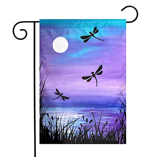 Lake Dragonfly Moon Outdoor Garden Welcome Flag, Double Sided Vertical Garden Yard Flag Banner for Lawn House Outside Decor 12x18inch