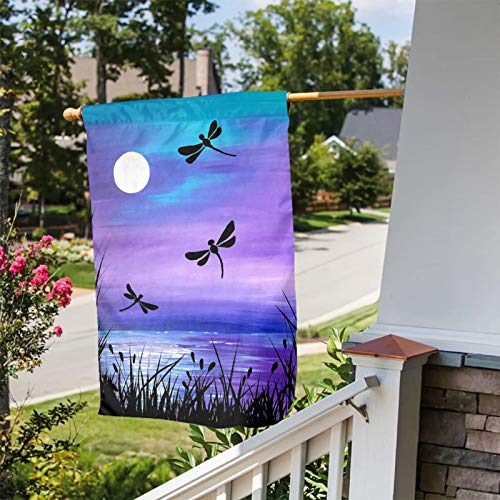 Lake Dragonfly Moon Outdoor Garden Welcome Flag, Double Sided Vertical Garden Yard Flag Banner for Lawn House Outside Decor 12x18inch