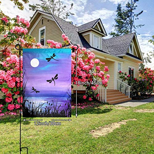 Lake Dragonfly Moon Outdoor Garden Welcome Flag, Double Sided Vertical Garden Yard Flag Banner for Lawn House Outside Decor 12x18inch