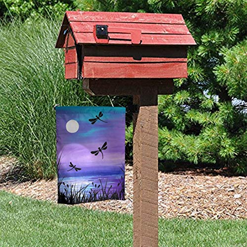 Lake Dragonfly Moon Outdoor Garden Welcome Flag, Double Sided Vertical Garden Yard Flag Banner for Lawn House Outside Decor 12x18inch